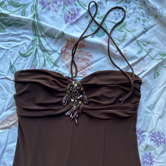 vintage 90s brown midi halter dress with beaded embroidered detailing, size 5/6 - Picture 3 of 6